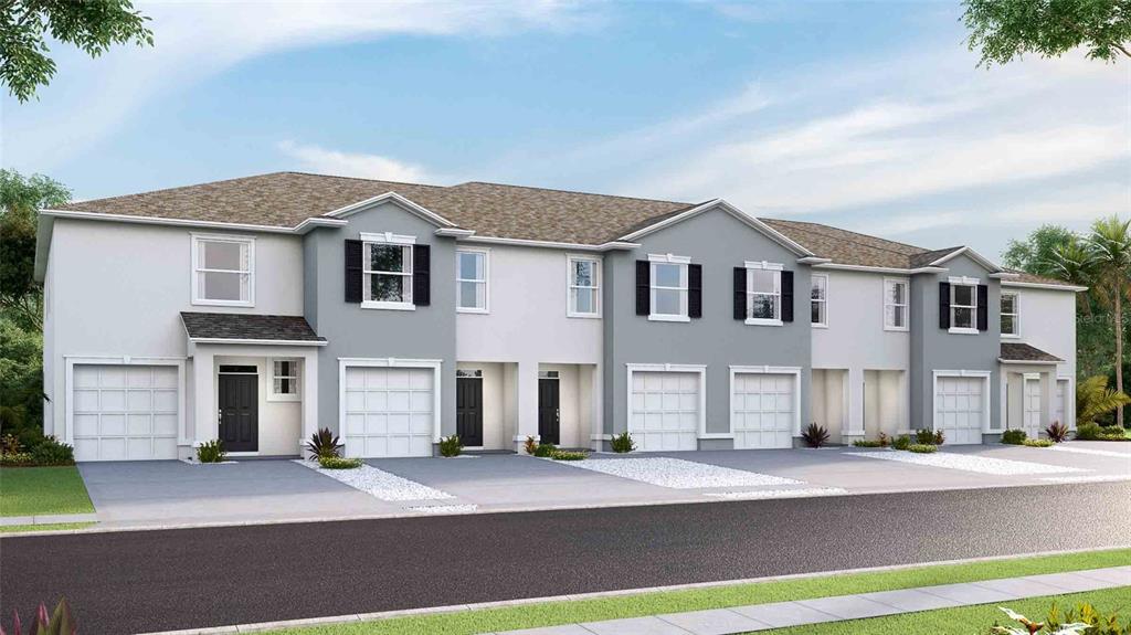 This is a digital rendering of a multi-unit townhouse building with attached garages — 32451 WELLING BLADE LOOP, WESLEY CHAPEL, FL
