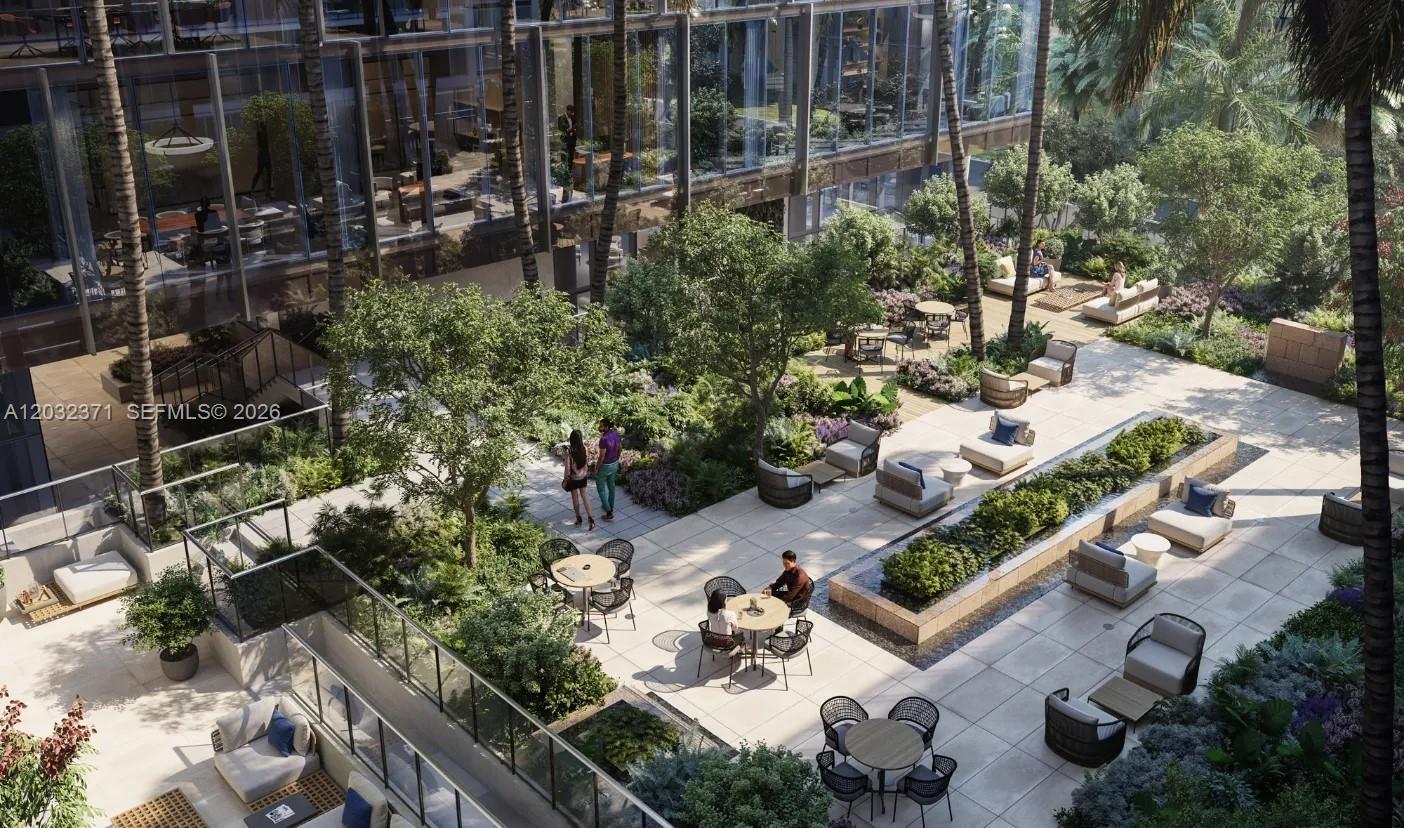This architectural rendering shows an outdoor terrace with seating areas, lush landscaping, and palm trees — 1176 97th St # 403, Bay Harbor Islands FL 33154, BAY HARBOR ISLANDS, FL