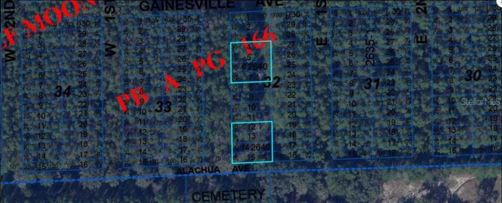 This is a satellite map showing a grid of undeveloped land parcels with street names — GAINESVILLE AVE, NEWBERRY, FL