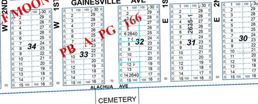 This is a plat map showing numbered lots within blocks bordered by named streets — GAINESVILLE AVE, NEWBERRY, FL