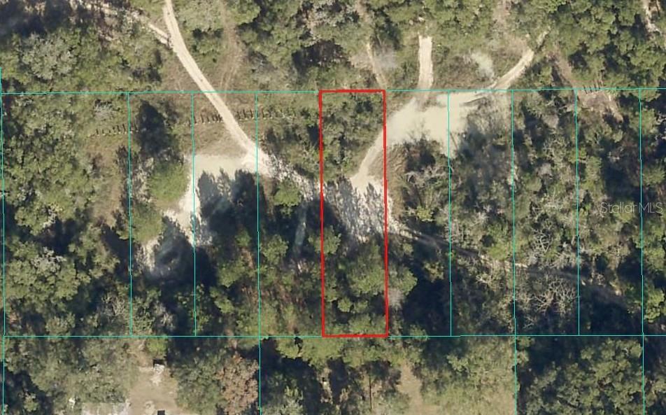 An aerial map view shows a rectangular plot of land outlined in red among trees — Lot 027 NE 164TH LANE, CITRA, FL