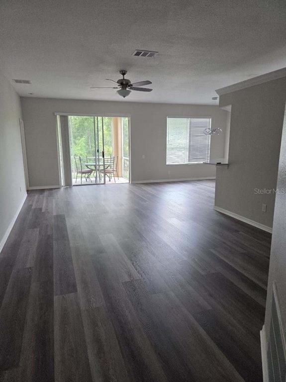 An open-concept living area features gray wood-look flooring, a ceiling fan, and a sliding glass door — 9321 HUNTINGTON PARKWAY, TAMPA, FL