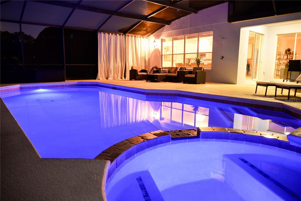 A swimming pool and hot tub on a patio with outdoor seating under a screen enclosure — 110 ORANGE COSMOS BOULEVARD, DAVENPORT, FL