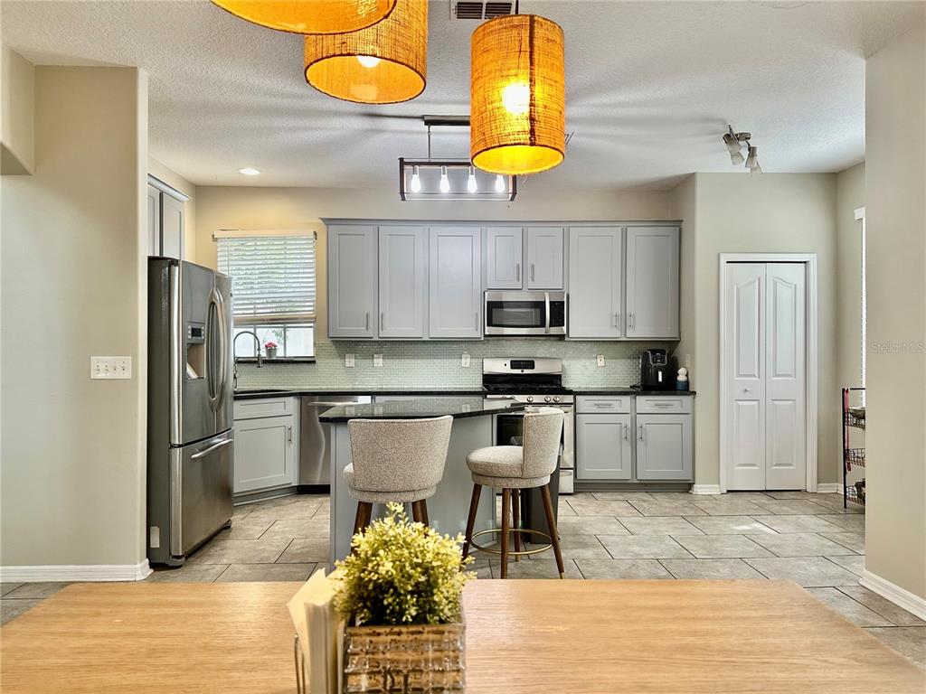 A kitchen features light gray cabinets, stainless steel appliances, a center island, and pendant lighting — 12014 DEACONS CROFT LANE, TAMPA, FL