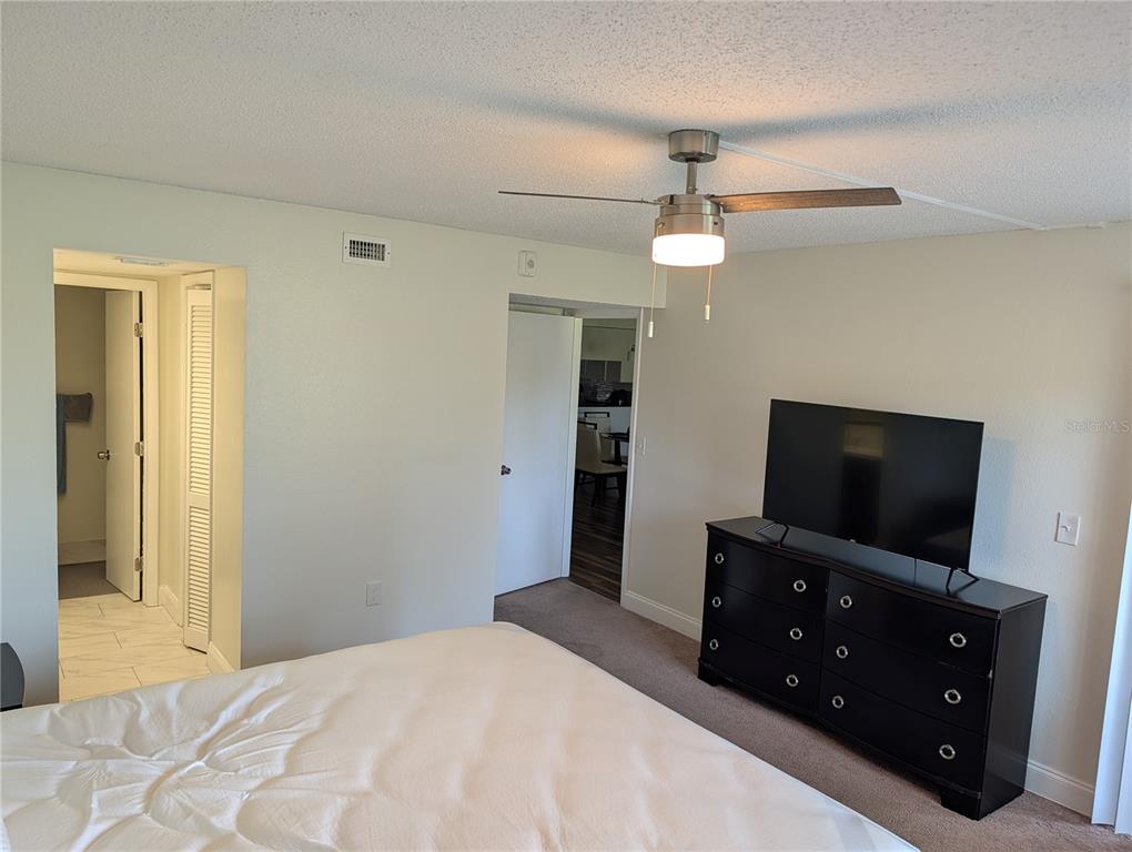 A bedroom features a ceiling fan, a black dresser with a television, and two doorways — 209 MARY DRIVE UNIT 7, OLDSMAR, FL
