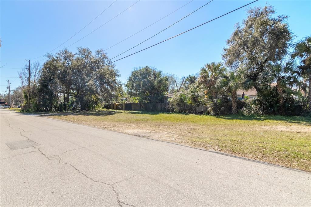 A vacant, grassy residential lot with mature trees and a wooden fence — 124 DIMMICK STREET, NEW SMYRNA BEACH, FL