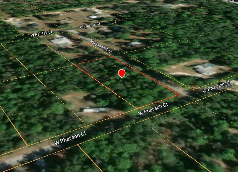 This is an aerial map view of a vacant, wooded residential lot — 2581 W PHARAOH COURT UNIT 28, LECANTO, FL