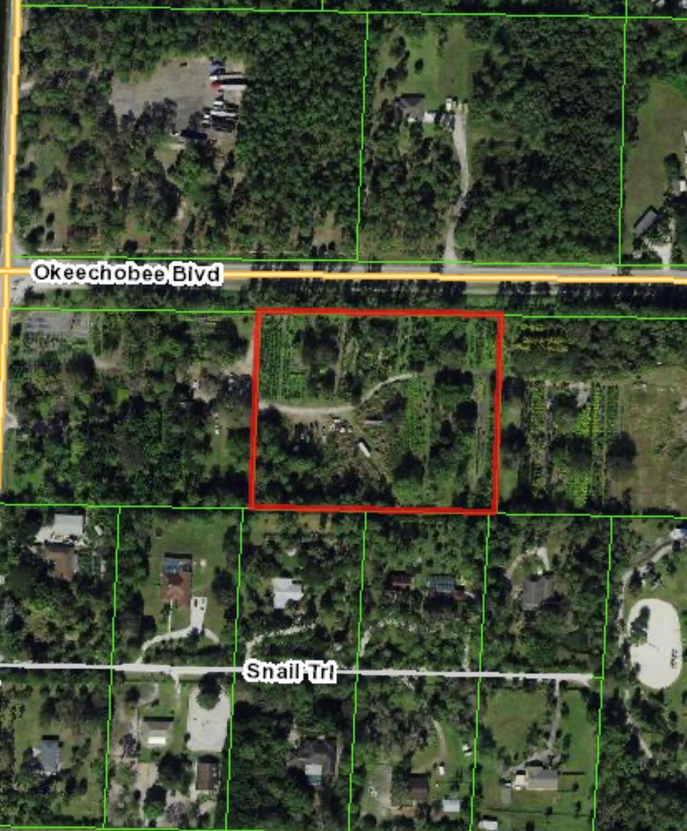 This aerial map shows a rectangular property outlined in red located south of Okeechobee Boulevard — 14920 Okeechobee Boulevard, FL 33470, FL