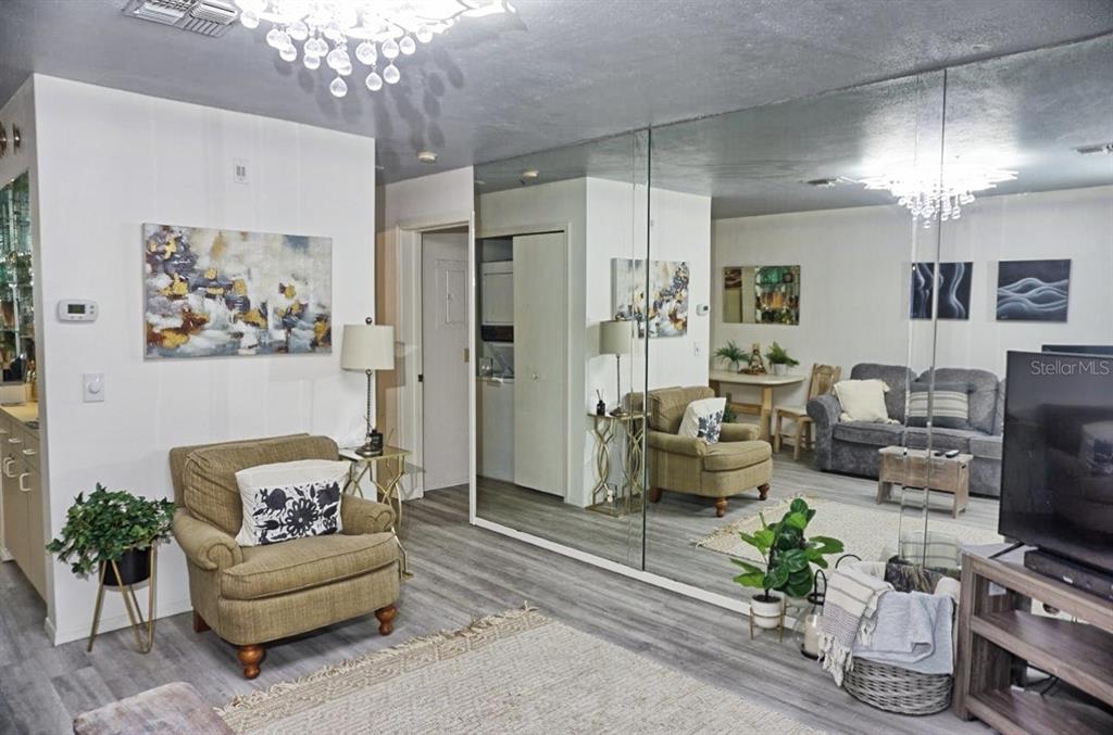 A living room features gray wood-look flooring, a large mirrored wall, and a tan armchair — 2210 VISTA DEL SOL CIRCLE UNIT 520, LUTZ, FL