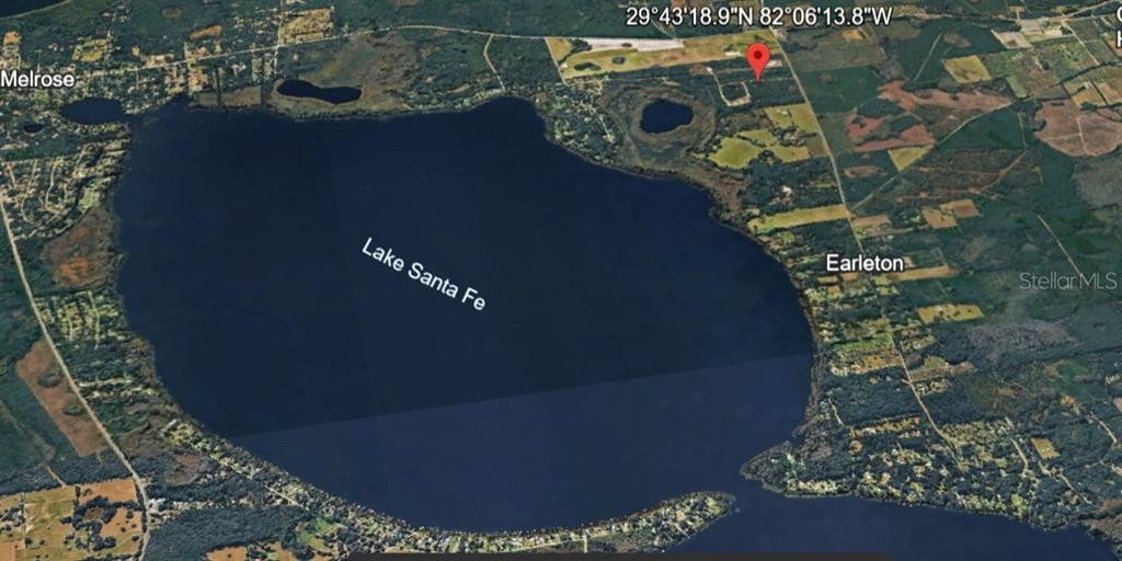 This is an aerial map view showing Lake Santa Fe and the surrounding rural landscape — TBD, MELROSE, FL