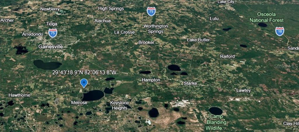 This is a satellite map view of a region in north-central Florida — TBD, MELROSE, FL