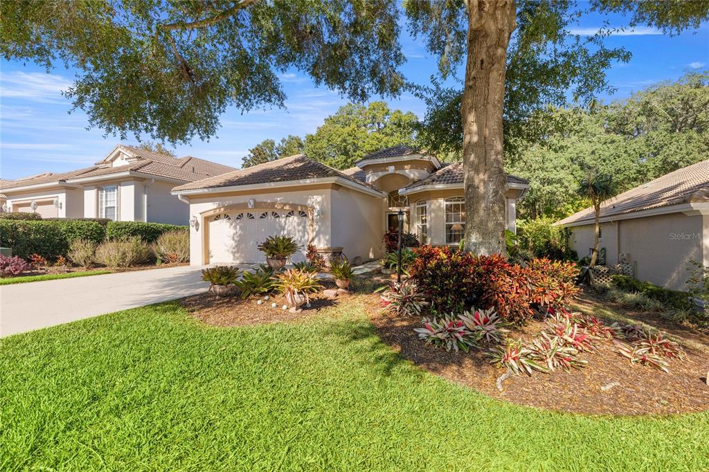 A single-story house with a two-car garage and landscaped front yard under large trees — 389 W DOERR PATH, HERNANDO, FL