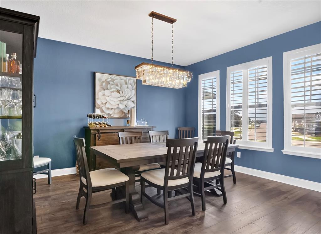 A dining room with blue walls, a wooden table, six chairs, and a crystal chandelier — 17186 HICKORY WIND DRIVE, CLERMONT, FL