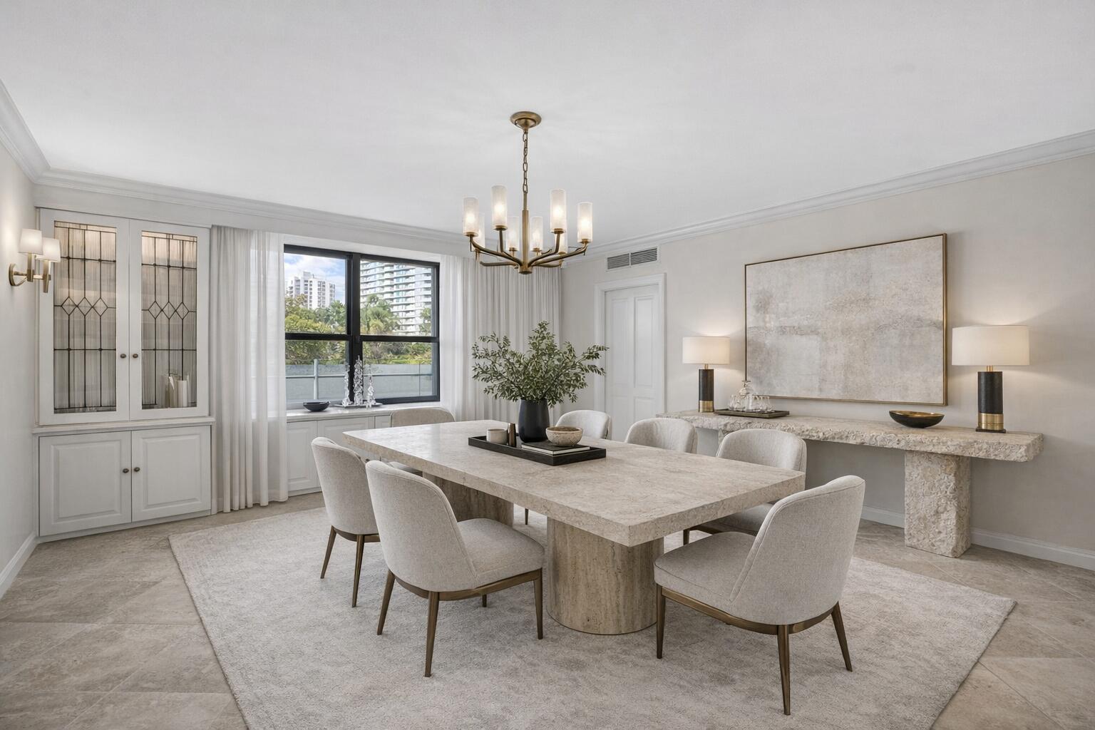A dining room features a stone table, upholstered chairs, a chandelier, and a stone console table — 5500 Collins Avenue # 302, Miami Beach FL 33140, MIAMI BEACH, FL
