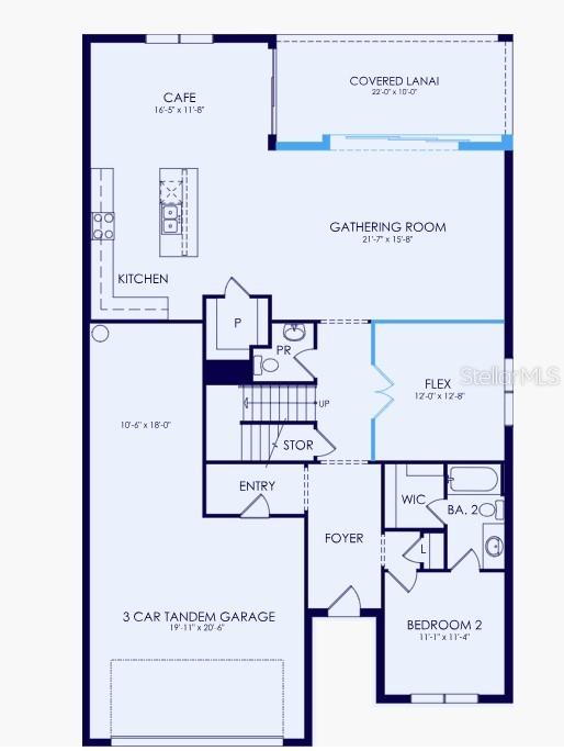 This floor plan shows a single-story home layout featuring a three-car garage, kitchen, and lanai — 16407 LILLY ELANIE WAY, BRADENTON, FL