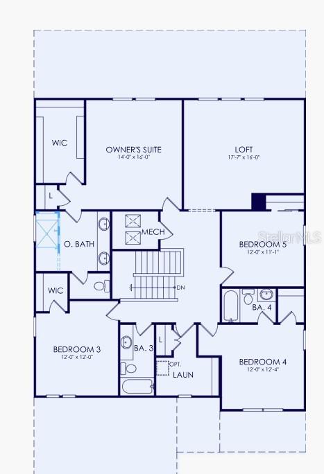 This floor plan shows the upper level of a house with four bedrooms, a loft, and laundry — 16407 LILLY ELANIE WAY, BRADENTON, FL