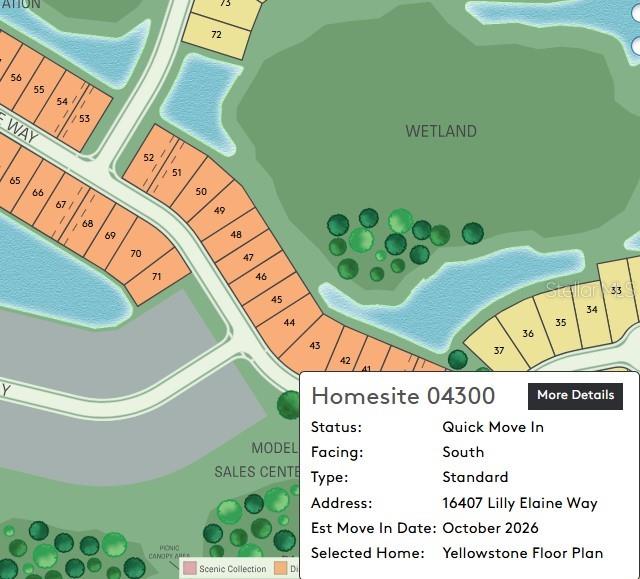 This map shows a residential community layout with numbered homesites, wetlands, and a sales center — 16407 LILLY ELANIE WAY, BRADENTON, FL