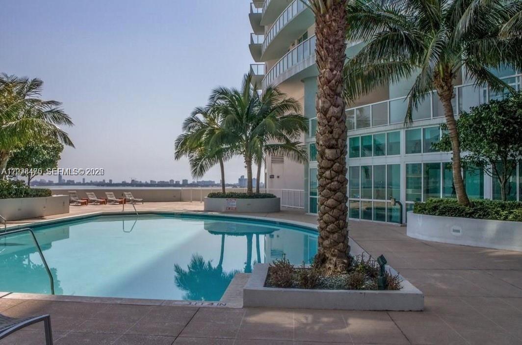 A swimming pool sits on a patio next to a tall building and palm trees — 1900 N Bayshore Dr # 2415, Miami FL 33132, MIAMI, FL