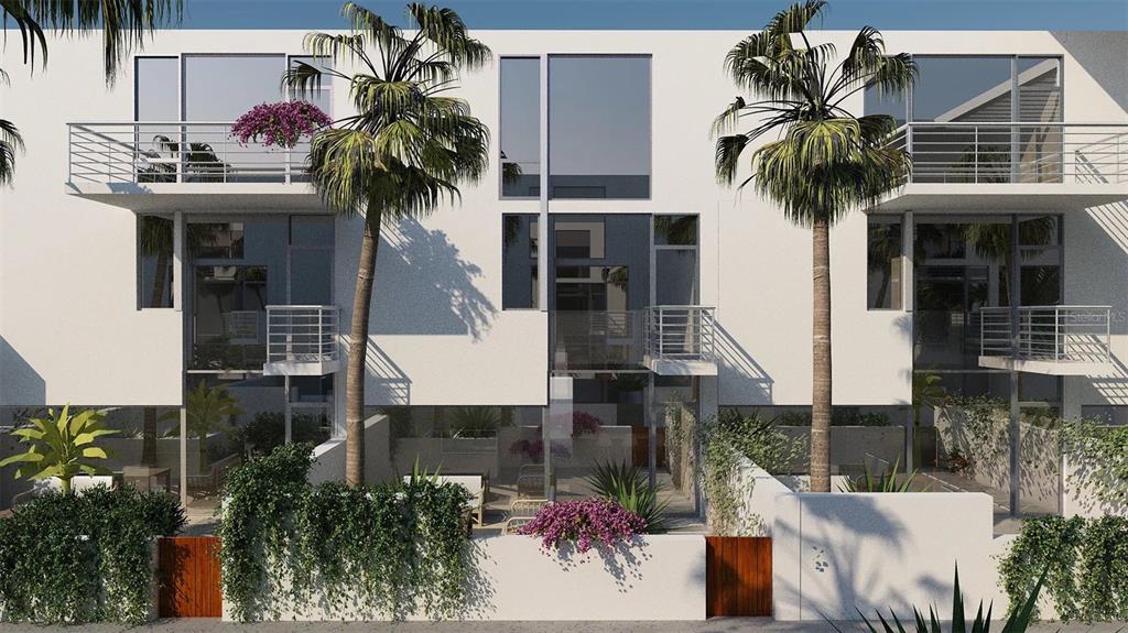 This architectural rendering shows the exterior of modern townhomes with balconies and private walled patios — 2170 ROBINHOOD STREET UNIT C2-102, SARASOTA, FL