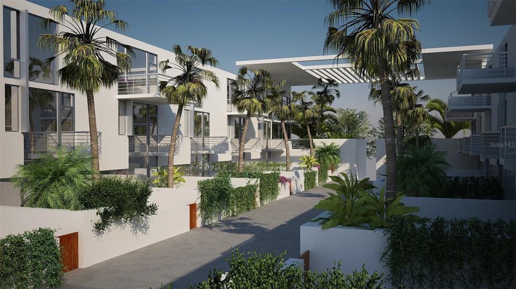 This architectural rendering shows a modern residential complex with white buildings, balconies, and palm trees — 2170 ROBINHOOD STREET UNIT C2-102, SARASOTA, FL