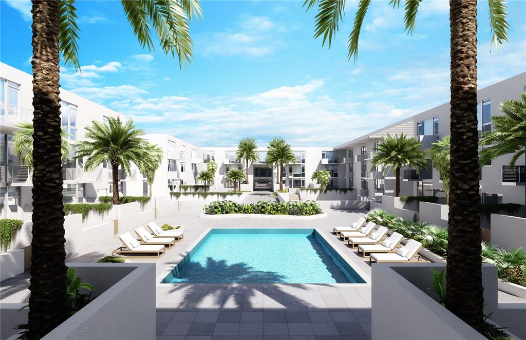 This is a rendering of a modern apartment complex courtyard featuring a swimming pool and loungers — 2170 ROBINHOOD STREET UNIT C2-102, SARASOTA, FL