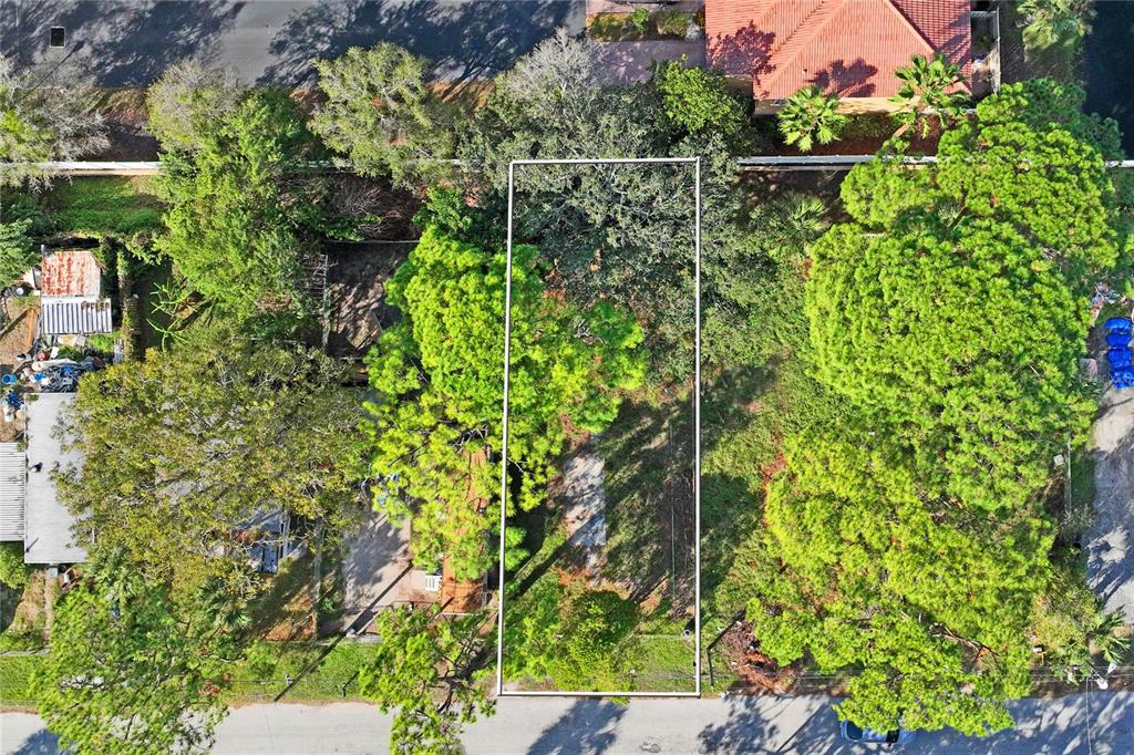 This aerial view shows a rectangular vacant lot surrounded by trees and neighboring residential properties — 5635 VAN DOREN AVE, NEW PORT RICHEY, FL