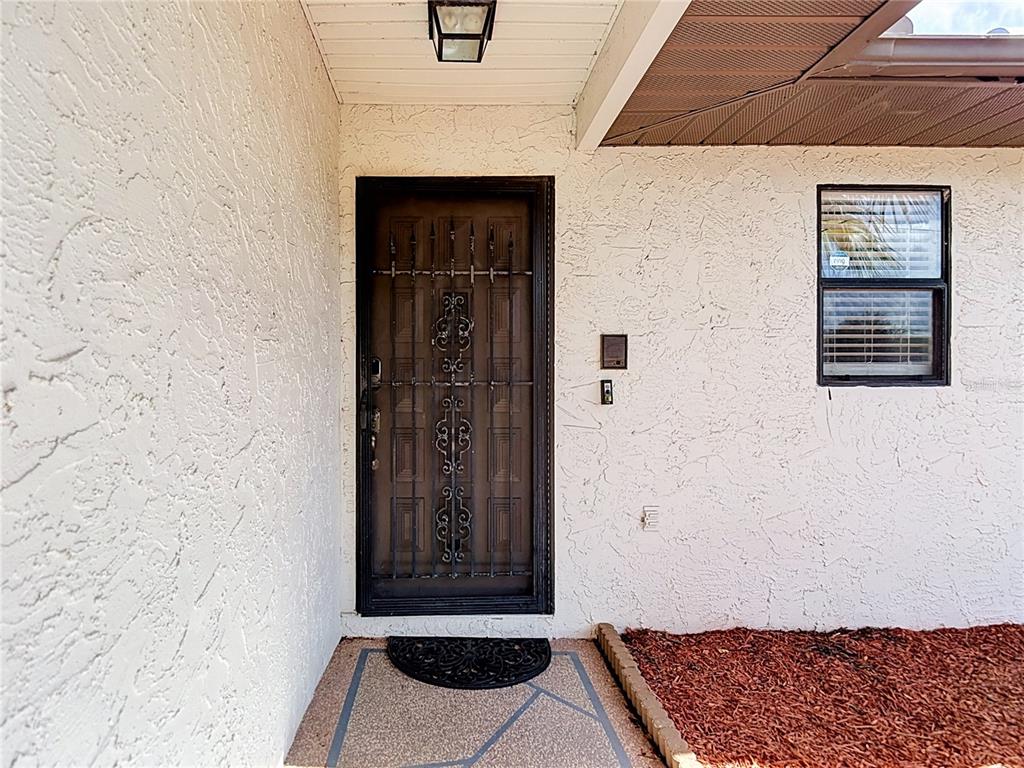 A front entryway features a dark metal security door, stucco walls, and a small window — 4435 BAYRIDGE COURT, SPRING HILL, FL