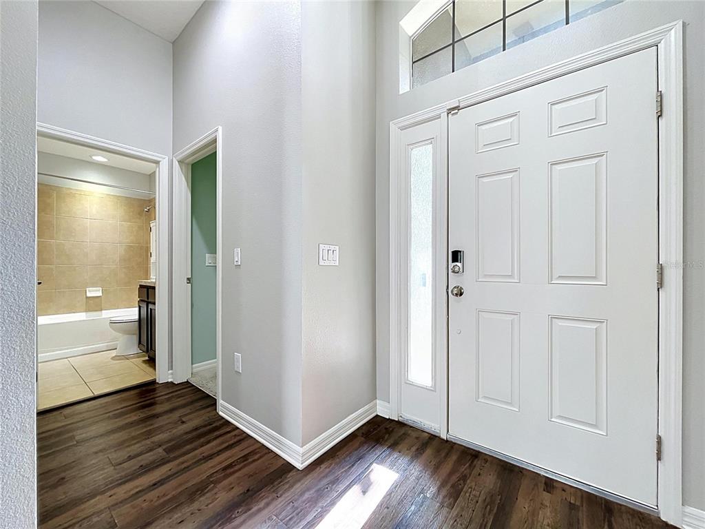 An entryway features a white front door, wood-look flooring, and a view into a bathroom — 667 HARTFORD HEIGHTS STREET, SPRING HILL, FL