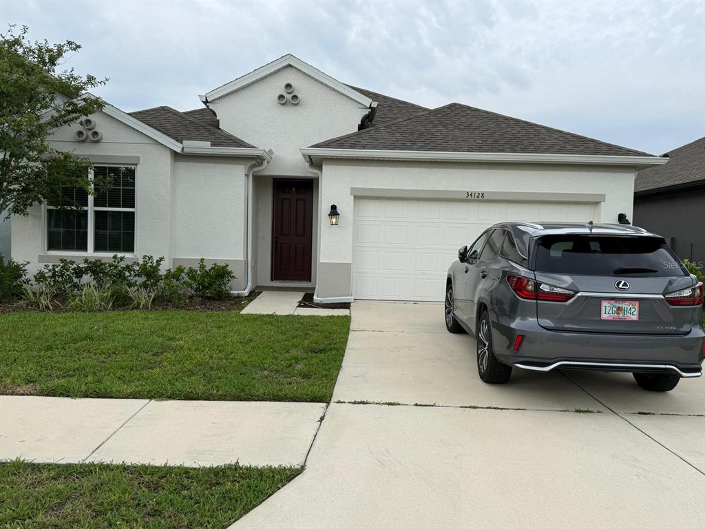 A single-story house with a white stucco exterior, a dark front door, and a two-car garage — 34128 EVERGREEN HILL COURT, WESLEY CHAPEL, FL