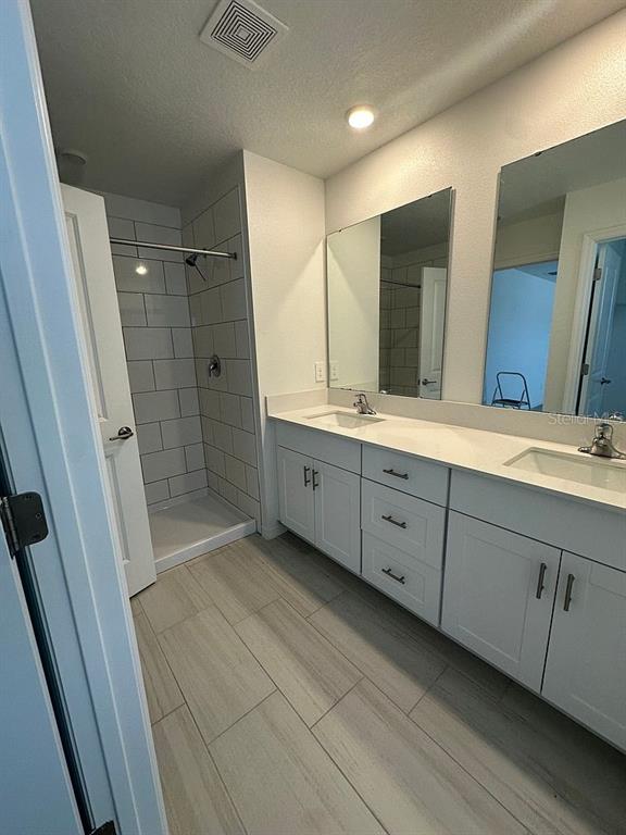 A bathroom features a double vanity with white cabinets, two mirrors, and a tiled shower — 2505 VICTORIOUS FALLS AVENUE, PLANT CITY, FL