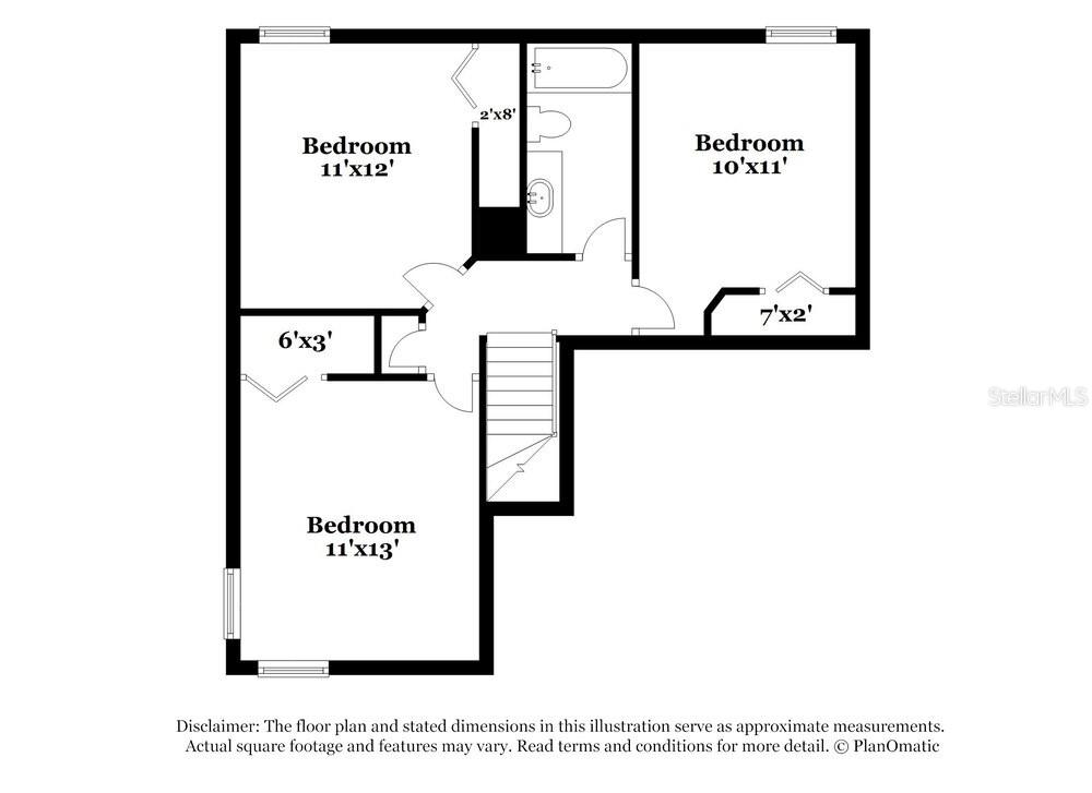 This floor plan shows three bedrooms, a central bathroom, and a staircase — 12723 ADVENTURE DRIVE, RIVERVIEW, FL