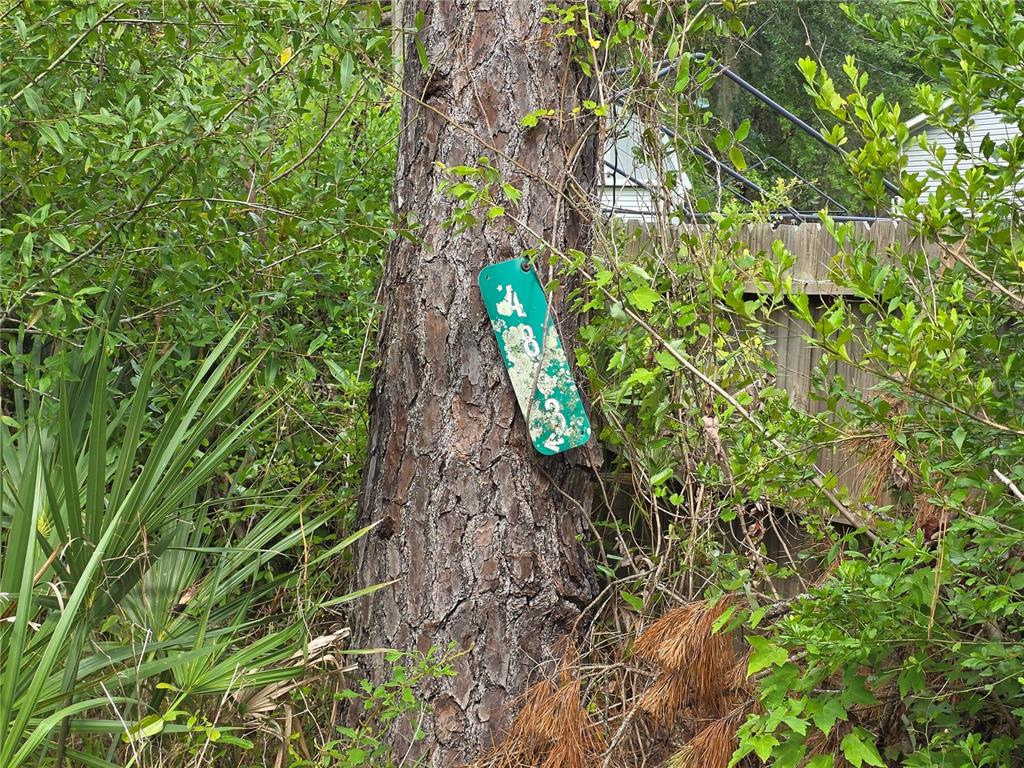 A weathered green sign is attached to a tree trunk near a wooden fence — 4863 MEADOW GREEN ROAD, MIMS, FL
