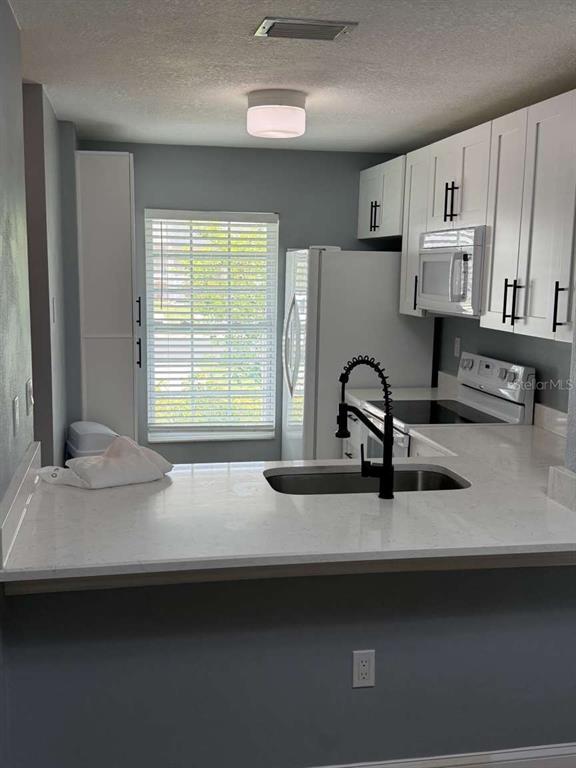 A kitchen features white cabinets, quartz countertops, a stainless steel sink, and a window — 2852 STILWELL COURT, NEW PORT RICHEY, FL