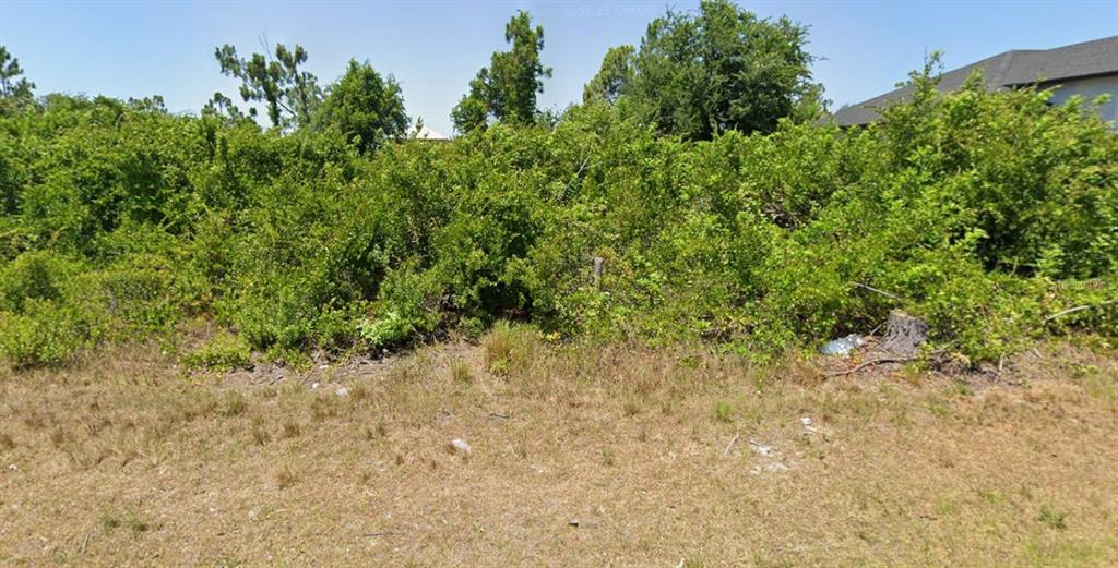 A vacant, overgrown residential lot with dense green bushes and trees under a clear sky — 13985 KEWANEE LANE, PORT CHARLOTTE, FL