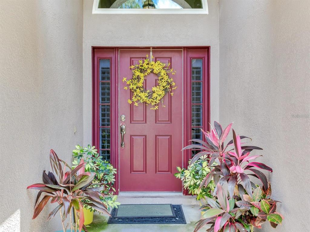 A red front door with a yellow wreath is flanked by two potted plants — 12502 BLAZING STAR DRIVE, TAMPA, FL