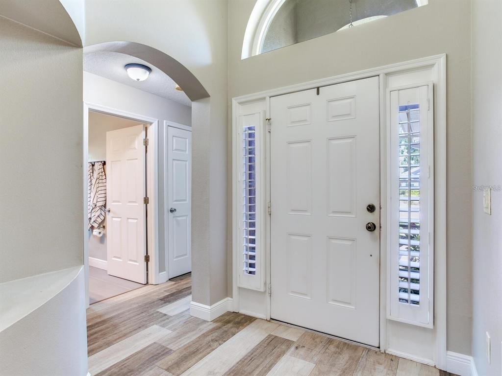 A bright entryway features a white front door with sidelights, arched transitions, and wood-look flooring — 12502 BLAZING STAR DRIVE, TAMPA, FL