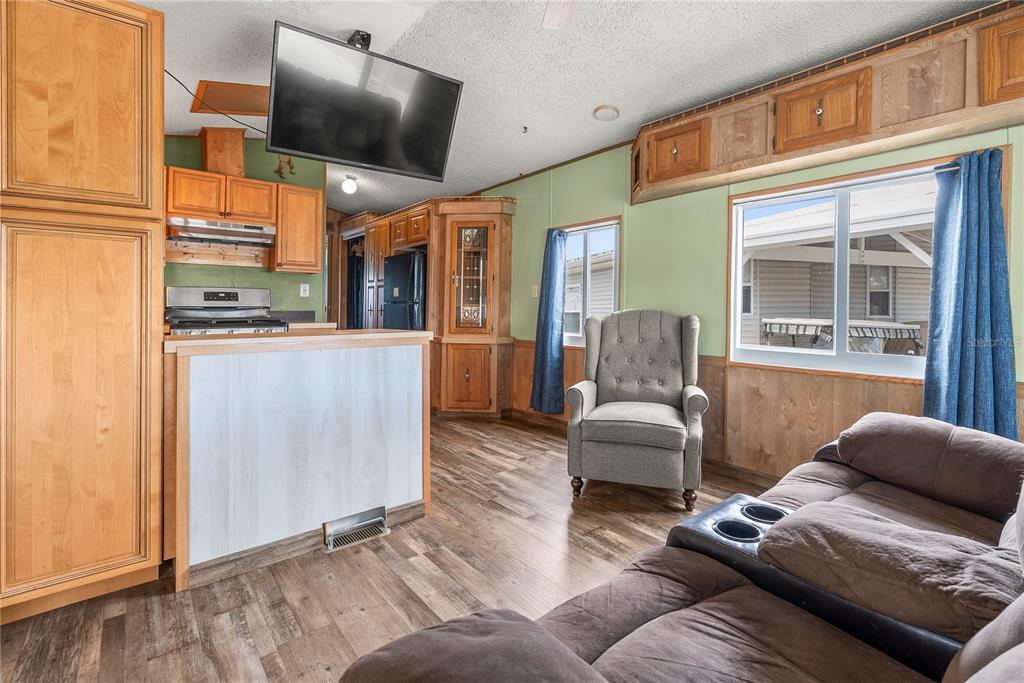 A living room and kitchen area with wood-look flooring, light green walls, and wooden cabinetry — 9000 US HIGHWAY 192 UNIT 211, CLERMONT, FL
