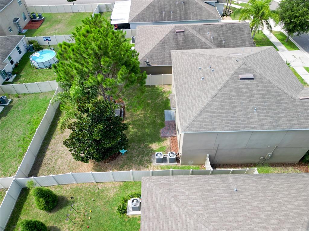 An aerial view shows a residential backyard with a large tree, lawn, and swimming pool — 3621 KEARSNEY ABBEY CIRCLE, DOVER, FL