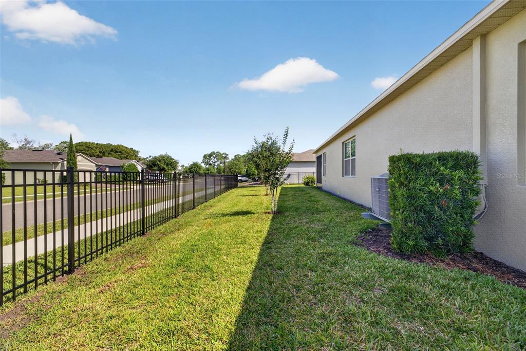 A side yard with a black metal fence, a small tree, and an air conditioning unit — 17386 BLAZING STAR CIRCLE, CLERMONT, FL