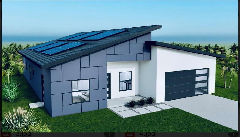 A digital rendering of a modern single-story house with a shed roof and solar panels — 27367 CHINQUAPIN DRIVE, PUNTA GORDA, FL