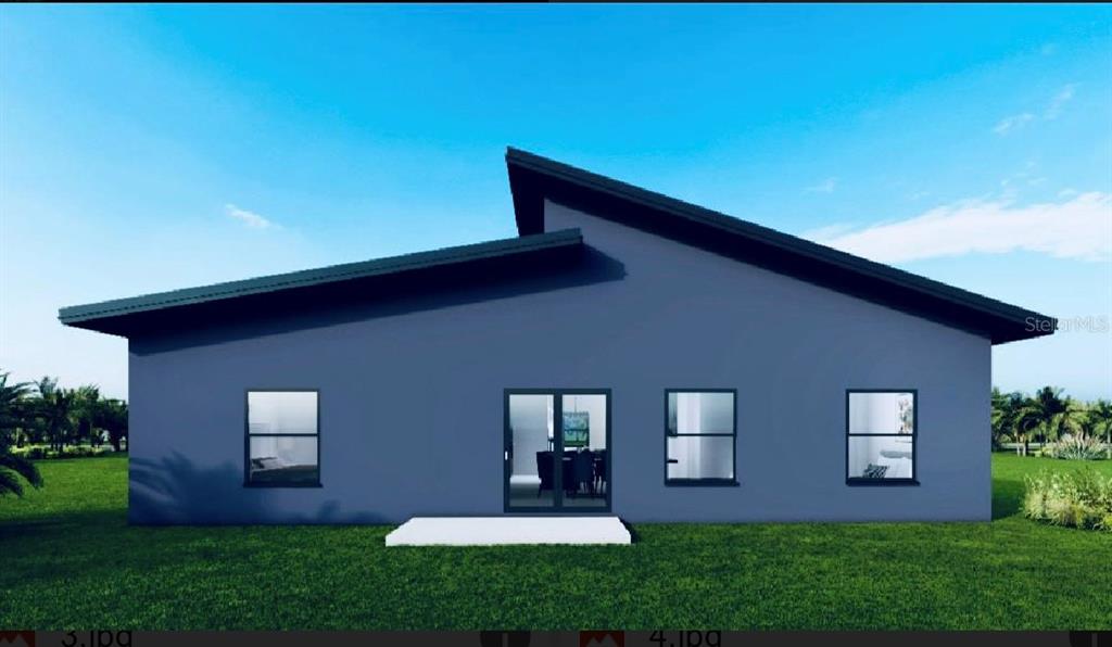 This is a digital rendering of the rear exterior of a modern single-story house — 27367 CHINQUAPIN DRIVE, PUNTA GORDA, FL