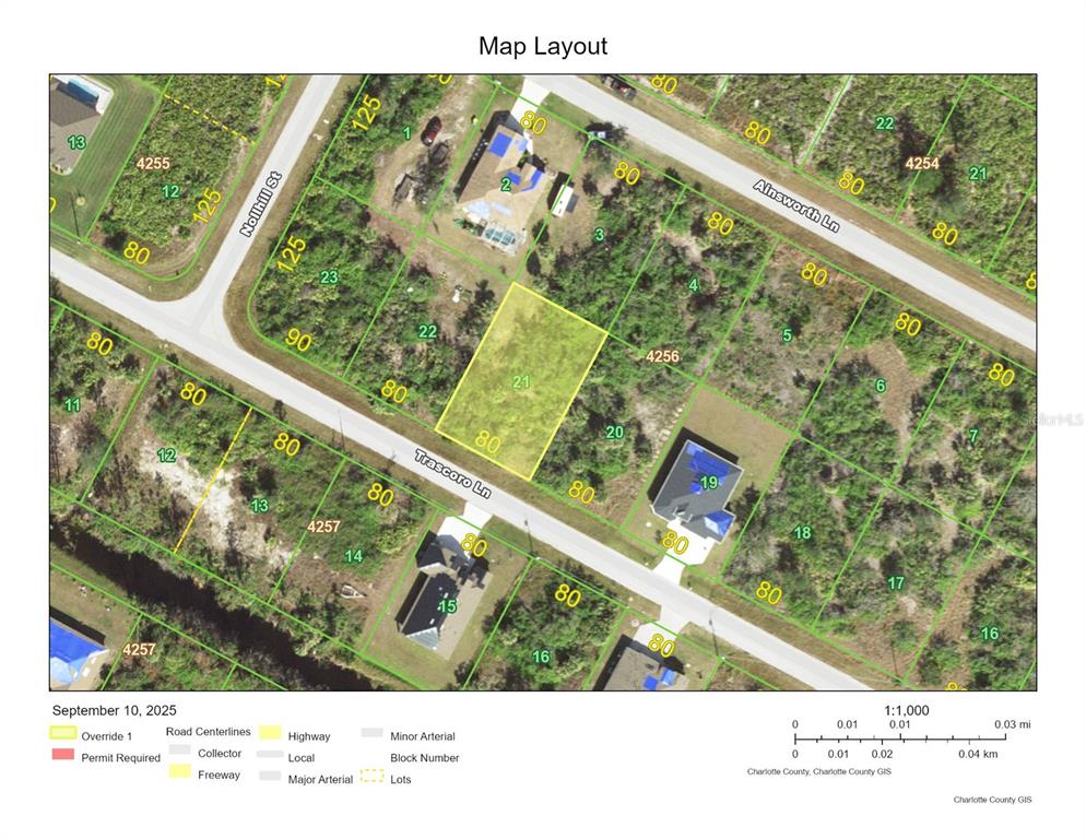 This is a map showing a vacant lot highlighted in yellow along Trascoro Lane — 13464 TRASCORO LANE, PORT CHARLOTTE, FL