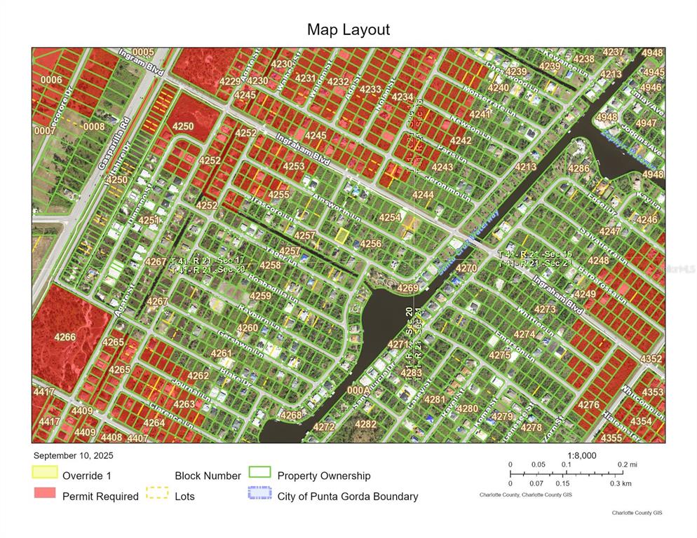 This is a map layout showing property ownership, permit requirements, and block numbers in an area — 13464 TRASCORO LANE, PORT CHARLOTTE, FL