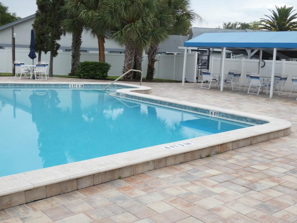 A swimming pool with depth markers is surrounded by a paved patio and palm trees — 2749 COUNTRYSIDE BOULEVARD UNIT 28, CLEARWATER, FL