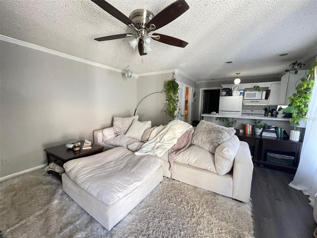 A living room with gray wood-look flooring, a ceiling fan, and an open exterior door — 2905 SW ARCHER ROAD UNIT S4022, GAINESVILLE, FL