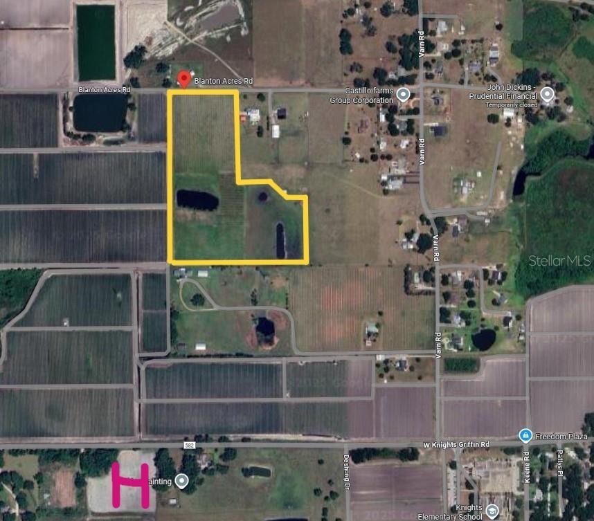 An aerial map shows a yellow-outlined parcel of land located near a road intersection — BLANTON ACRES ROAD, PLANT CITY, FL