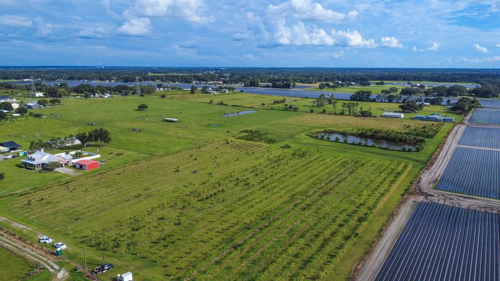 An aerial view shows a large rural property with farmland, a pond, and a house — BLANTON ACRES ROAD, PLANT CITY, FL