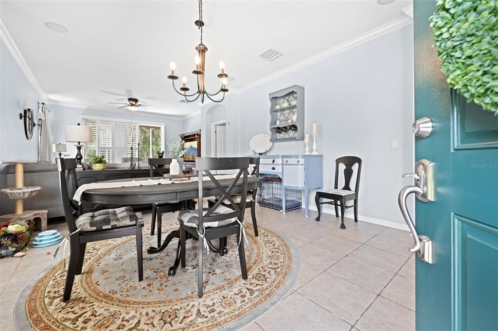 A dining room features a dark oval table, a round rug, and a blue hutch — 3348 CHAPEL CREEK CIRCLE, WESLEY CHAPEL, FL