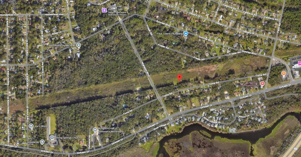 This is an aerial map view of a residential neighborhood with wooded areas and roads — 240 TOMS ROAD, DEBARY, FL
