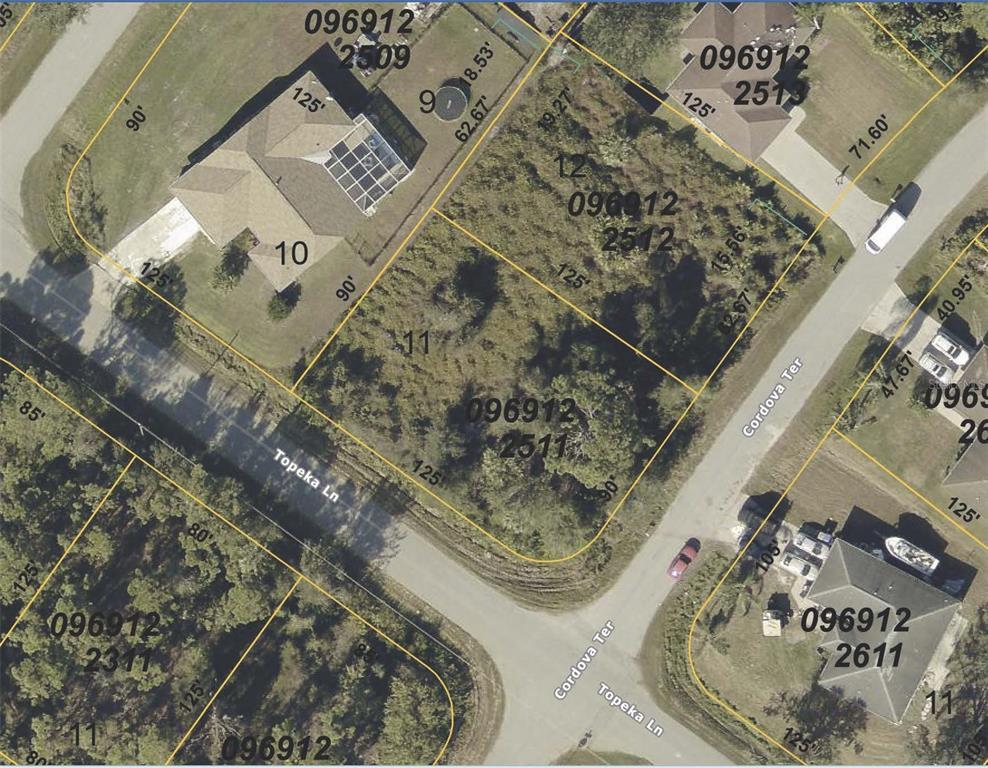 This is an aerial map showing several residential lots and street layouts — CORDOVA TERRACE, NORTH PORT, FL